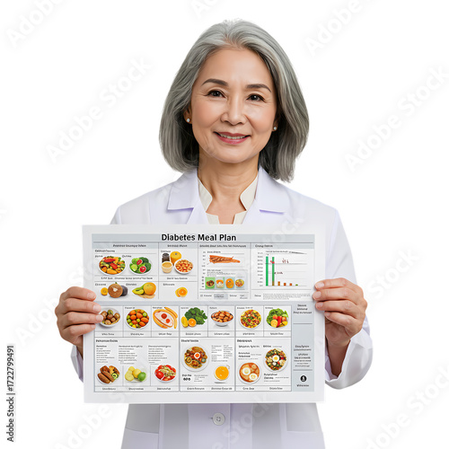 Expert female doctor confidently presents a comprehensive diabetes meal plan guide with healthy food examples and charts for improved well-being