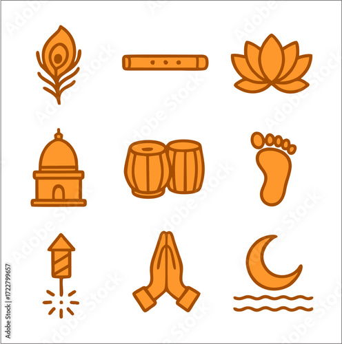 A vibrant flat 2D icon set inspired by Dev Deepavali, the festival of lights celebrated on the ghats of Varanasi