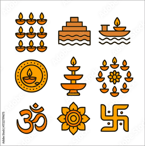 A vibrant flat 2D icon set inspired by Dev Deepavali, the festival of lights celebrated on the ghats of Varanasi