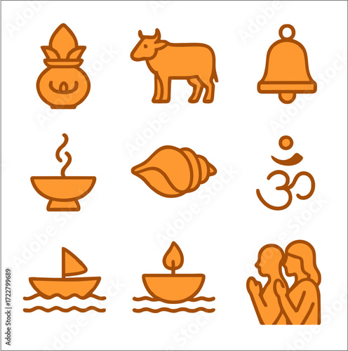 A vibrant flat 2D icon set inspired by Dev Deepavali, the festival of lights celebrated on the ghats of Varanasi