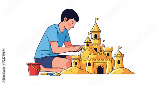Boy's Beachside Creation: A Sandcastle Masterpiece Under Construction with Bucket and Spade, a delightful scene of coastal fun and youthful endeavor