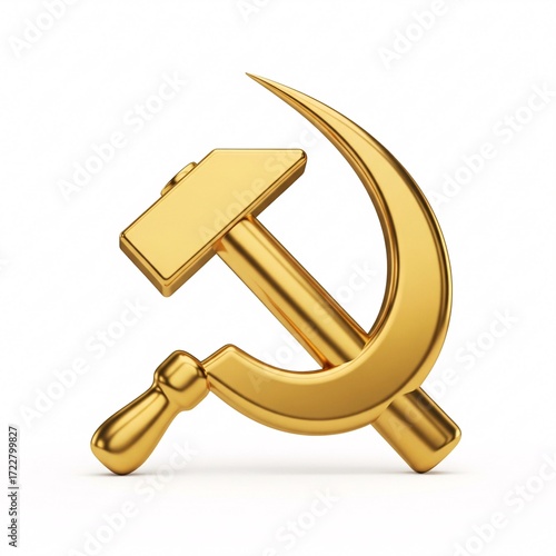 A shiny golden hammer and sickle standing upright,