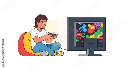 Immersed in Nostalgic Gameplay: A Cartoon Gamer's Retro Entertainment Experience on a Beanbag chair with controller