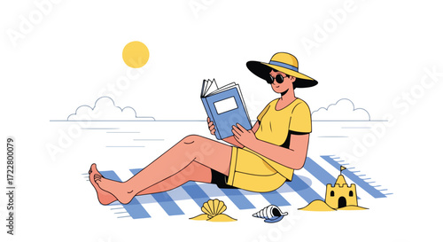 Illustration of a carefree woman relaxing on a beach, reading a book under the bright sun while enjoying the summer breeze near the ocean
