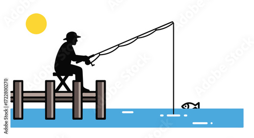 Angler's silhouette casting a line from a pier under a bright sun awaiting a nibble from an elusive fish deep below blue waters