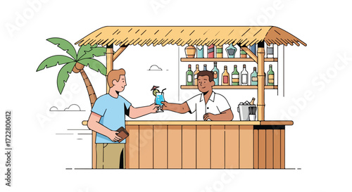 Animated tropical beach bar scene featuring a bartender serving a customer under a thatched roof structure