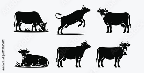 Vector illustration of cows in various poses on a white background