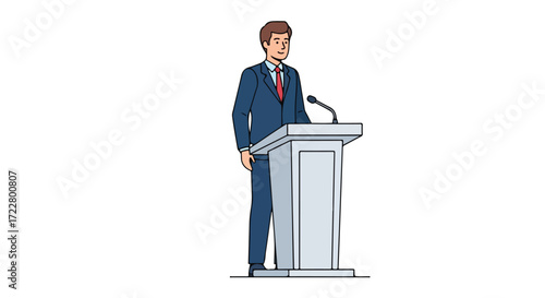 Eloquent orator delivering keynote address from podium, emanating leadership and professionalism, showcasing communication and public engagement in