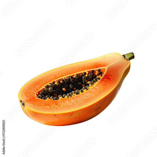 Close-up of a sliced papaya, vibrant orange-yellow flesh, dark seeds visible