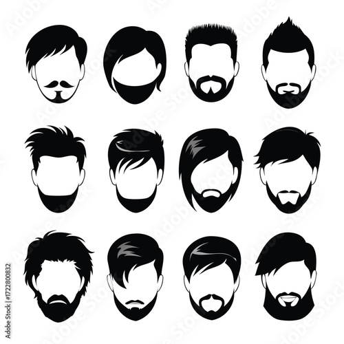 Collection of diverse men s hairstyles and beards illustrated