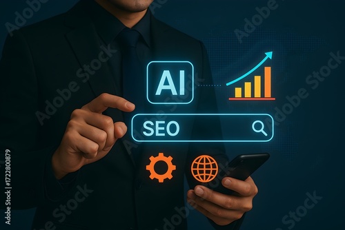 AI-powered SEO and digital strategy – glowing interface with analytics, automation, and global optimization tools