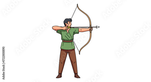 Illustration depicting an archer aiming his bow with precision and concentration on a white backdrop showcasing focus and sporting skills in archery