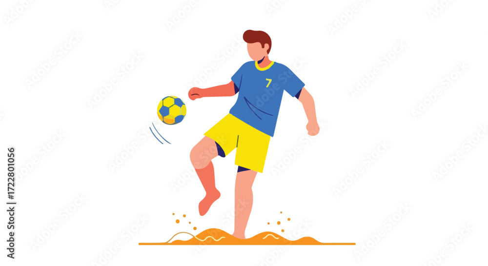 Fototapeta premium Illustrative beach soccer player skillfully controlling a ball, demonstrating summer sports and sand activity in simple graphic style
