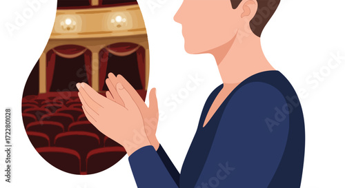Applauding the Show: A Profile View of a Person Clapping at the Theater with Red Seats and Curtains, Acknowledging Artists
