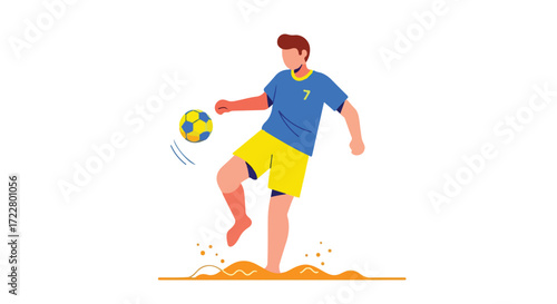 Illustrative beach soccer player skillfully controlling a ball, demonstrating summer sports and sand activity in simple graphic style