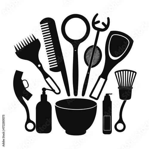 Collection of black silhouette beauty and hair styling tools