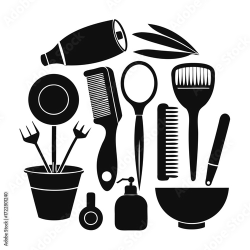 Silhouette of hairdressing and beauty salon tools arranged in a circle