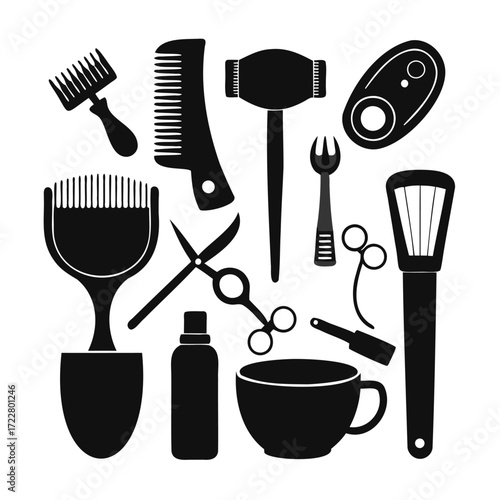 Collection of black silhouettes of hairdressing and barber tools