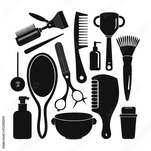 Collection of black silhouette hairdressing and beauty salon tools