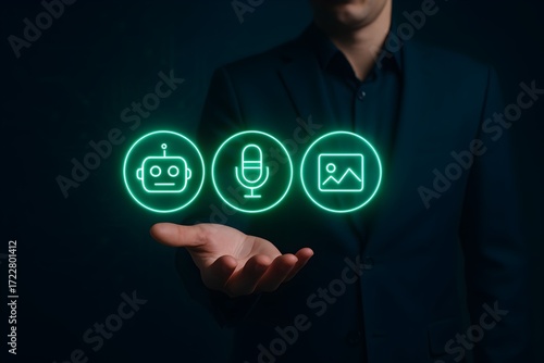 Multimodal AI interface – glowing icons of voice input, image processing, and intelligent systems in digital interaction