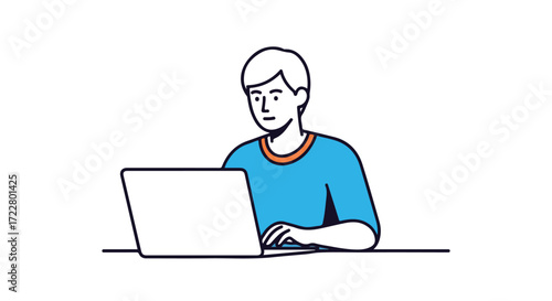 Focused male character working intently on his laptop with a minimalist aesthetic illustration style