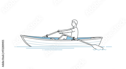 Minimalist illustration showcasing a man rowing a boat on calm water, emphasizing serene leisure and simple outdoor activity with a clean design