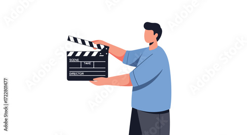 Illustration showcasing a film director holding an open clapperboard ready to start filming the next scene in a movie project