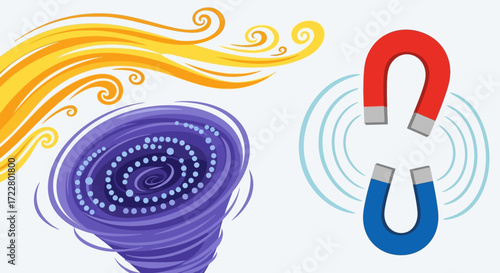 Illustration of Energy, Vortex, and Magnetism Depicting Scientific Concepts.