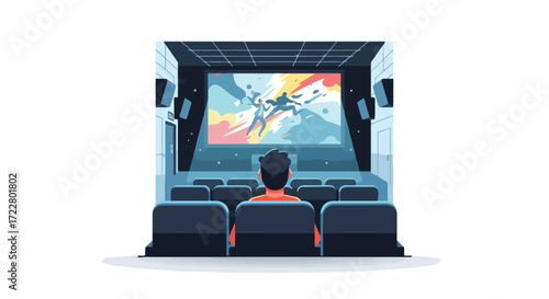 Captivating cinema experience: A single spectator engrossed in a vibrant, action-packed movie on the big screen in a spacious theater
