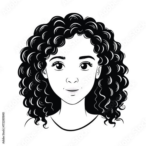 Black and white sketch of a young person with curly hair