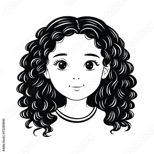 Black and white illustration of a young girl with curly hair