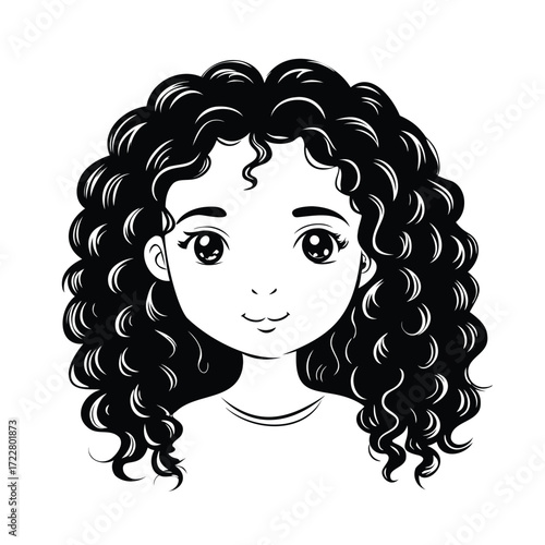 Charming hand drawn illustration of a young girl with curly hair