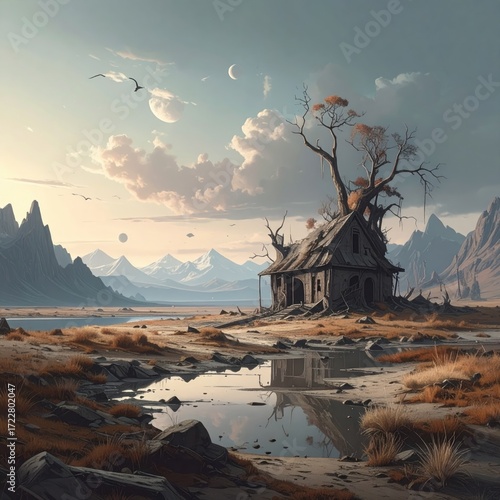 A dilapidated house overrun by a tree sits in a desolate landscape with mountains, puddles, and a cloudy sky with planets