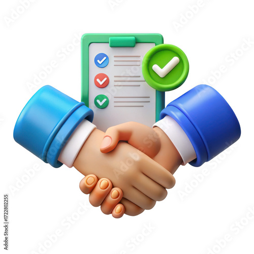 3d business agreement handshake with checklist isolated on transparent background