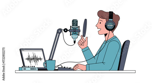 Creating engaging podcasts: A cartoon illustration of a cheerful man recording with professional equipment in a home studio setup