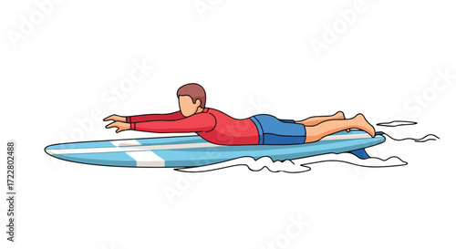 Surfer lying prone on a surfboard paddling out towards the ocean waves illustration, preparing for an exciting surfing session at sea