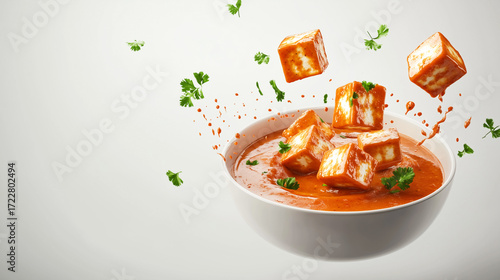 Gourmet Tomato Paneer Curry with Floating Herbs and Glossy Finish