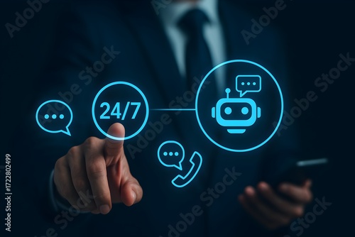 AI-powered customer service interface – chatbot, 24/7 support, and digital communication tools in business context