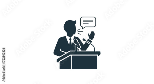 Monochrome depiction of orator presenting insights from lectern at conference gathering, evoking formal communication and discourse dynamics