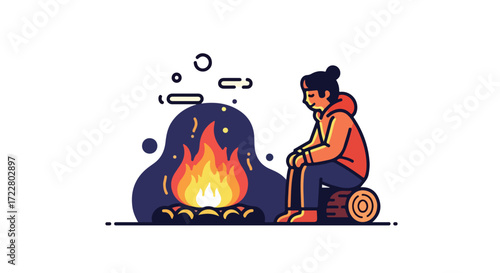 Stylized illustration depicting a person seated by a campfire, enjoying the warmth and tranquility of the outdoors setting outdoors scenery
