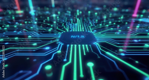 A detailed close-up view of a complex circuit board, showcasing intricate glowing lines and luminous components, centered on a central processing unit with the text N/1.8, set against a dark backdrop.