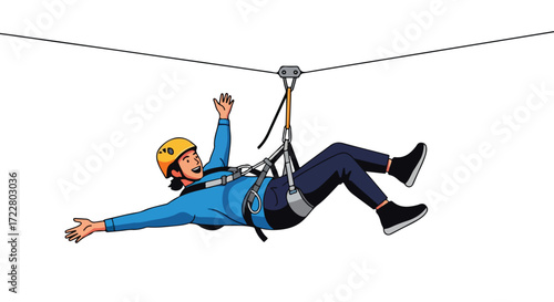 Enthusiastic Woman Experiencing Thrill and Adventure on Zipline in Leisure Activity Above Ground with Complete Safety Equipment and Joyful Excitement