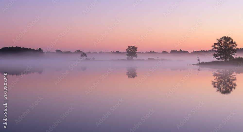 Obraz premium Serene misty lake at dawn with pastel sky and tranquil water reflection