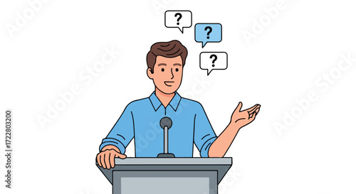 Cartoon depiction of a man at a podium, surrounded by question marks symbolizing public speaking engagement confusion and information overload with