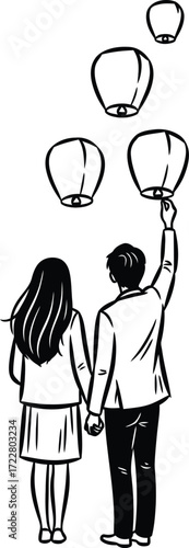 Couple releasing sky lanterns together in a romantic celebration scene on transparent background