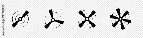 Airplane propellers with motion circle effect. Vector silhouette rotor design for aviation, drone mechanics, and aeronautical themes