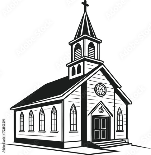Vector art of a classic wooden church building with a steeple and arched windows