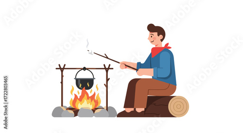 Captivating campfire scene featuring a camper roasting marshmallows near a cooking pot over a lively blaze outdoors