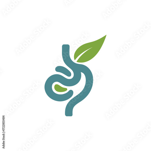 Abstract logo symbolizing digestive health and natural well-being with a stylized intestine and a green leaf.