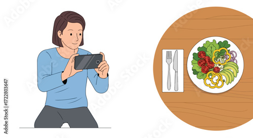 Woman capturing picture of salad plate using a mobile phone on a wooden table surface with cutlery ready